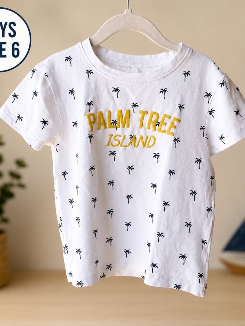 Palm Tree Island Boys T-Shirt White Navy Print Size 6